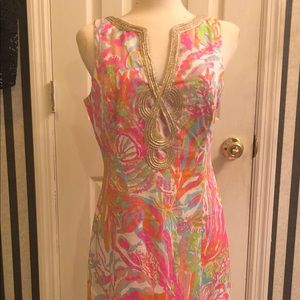 Lilly Pulitzer/ Size 10/ Janice Shift Dress ‘Scuba to Cuba’ Gold trim Resort